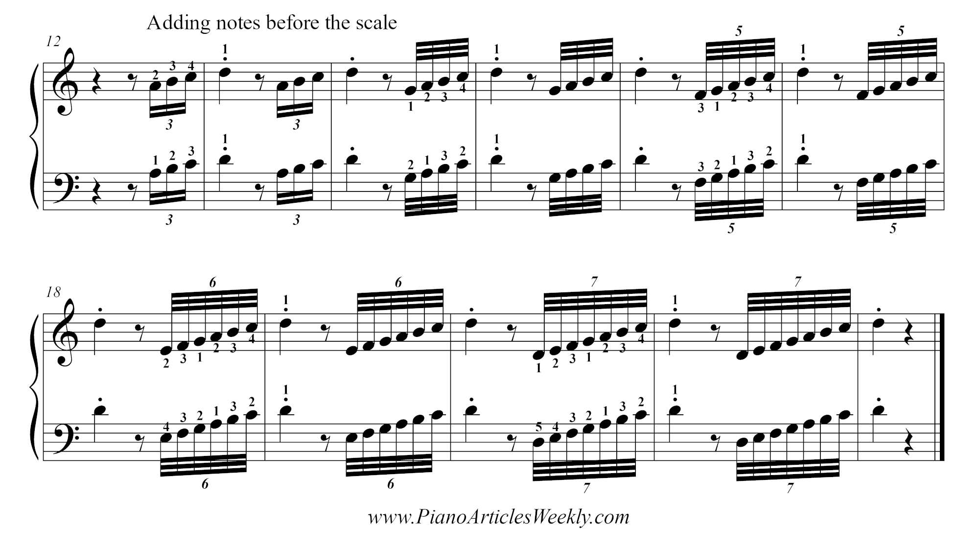 D major piano scale - advanced exercise note addition before the scale